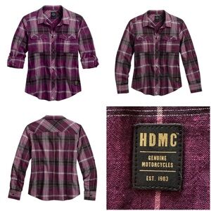 Harley-Davidson Roll-Tab Sleeve Purple Plaid Shirt Size Small
